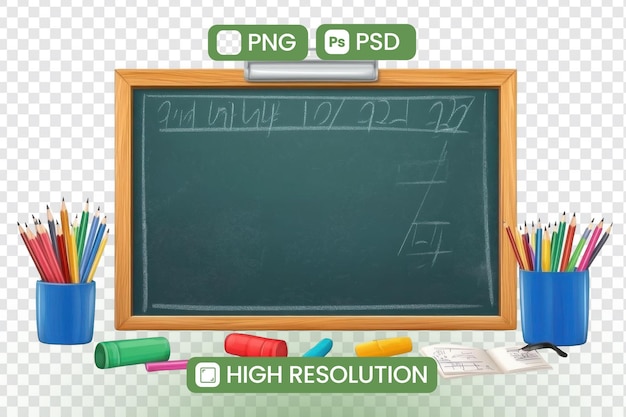 Højoploeselige tavlebilleder - PNG- og PSD-filer til kreative projekter med farvede blyanter, farveblyanter og notesbøger, ideelle til uddannelsesdesign og "Back to School"-temaer.