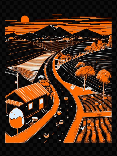 PSD hokkaidos furano with lavender street scene fields farms and psd vector tshirt tattoo ink scape art