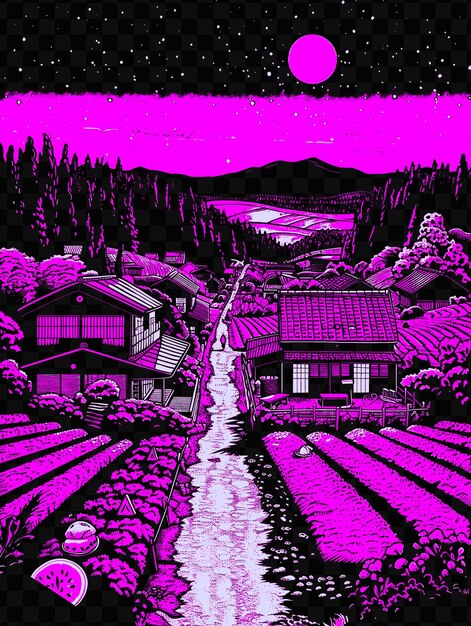 PSD hokkaidos furano with lavender street scene fields farms and psd vector tshirt tattoo ink scape art
