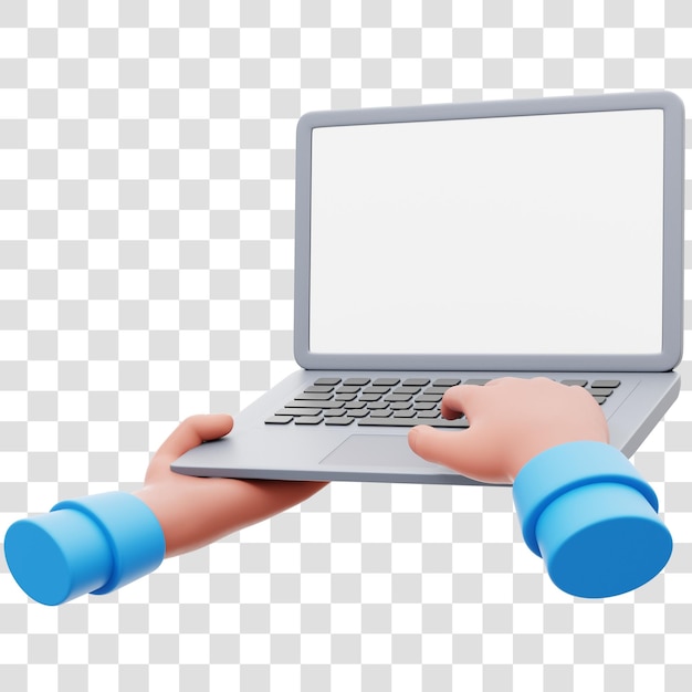 Holding and Typing on Laptop 3D Rendering Mockup Isolated Transparent Background