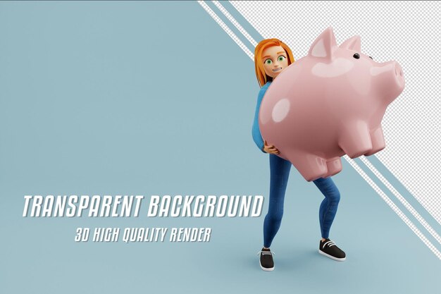 PSD holding a big piggybank female 3d character casual cloths blue background