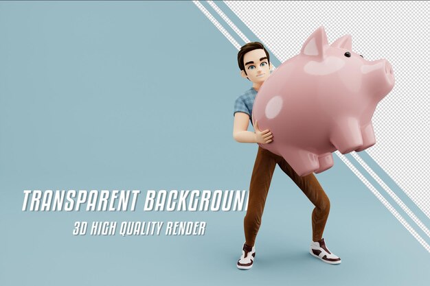 PSD holding a big piggybank male 3d character casual cloths blue background