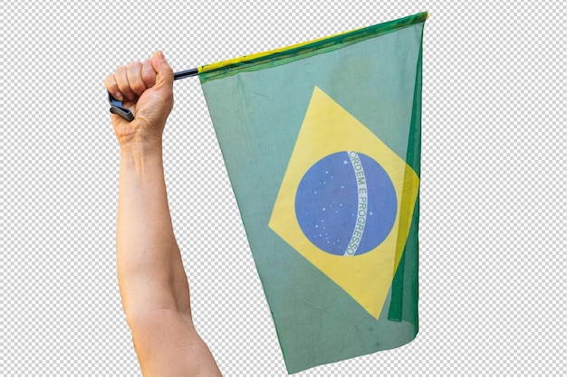 흰색에 고립 된 브라질 국기를 들고 축구 브라질 팬 국기를 들고