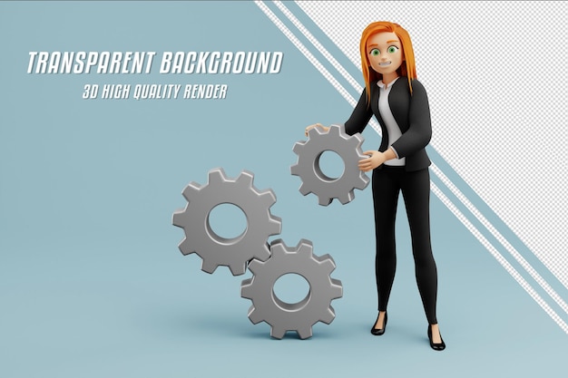 PSD holding gears 3d female working in business cloths blue background