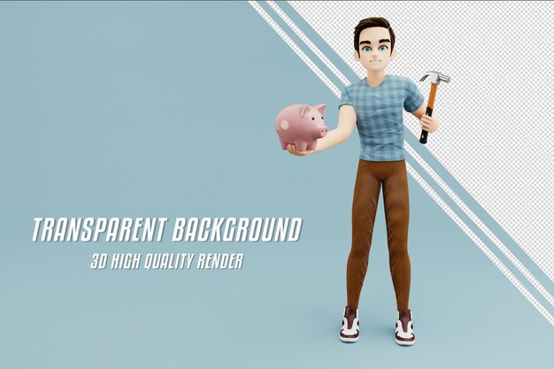 PSD holding a hammer and a piggybank 3d male in casual cloths smiling redhead blue background