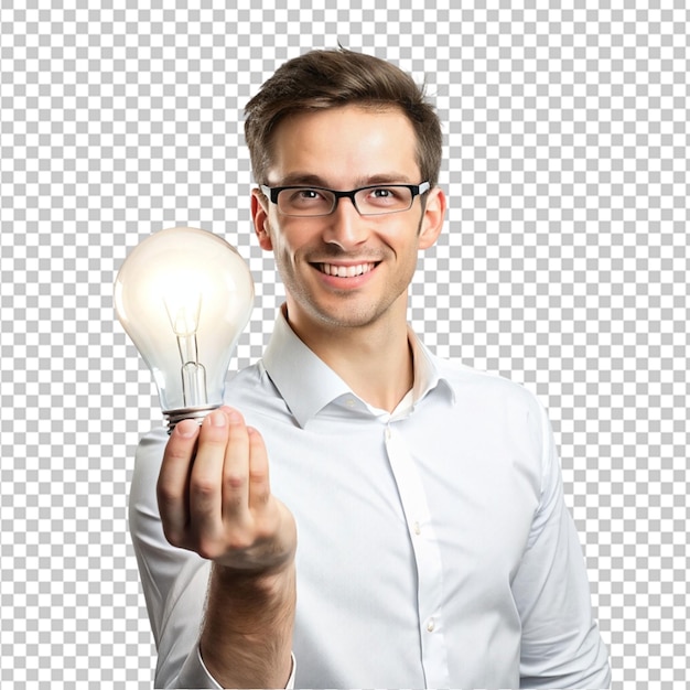 Holding light bulb on white background