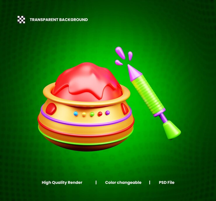 PSD holi dry color pallet 3d illustration or holi dry color with pot 3d illustration