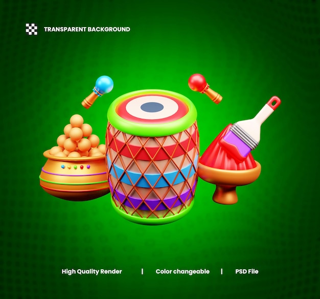 Holi festival celebration 3d decorative 3d illustration or holi festival celebration icon