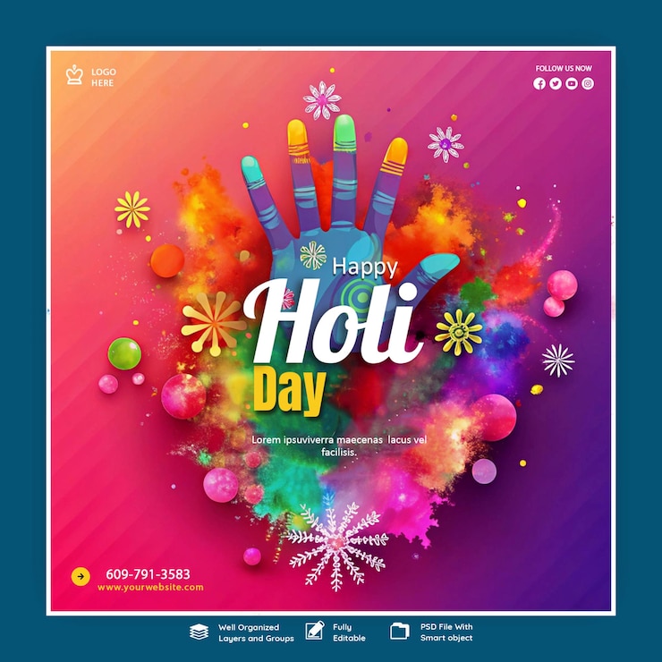 PSD holi festival celebration poster template
