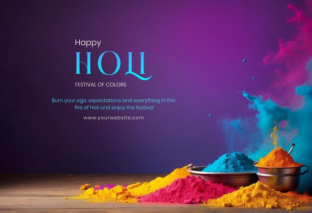 Holi festival concept colors with decorated clay pot on right side dark purple with wooden backgroun