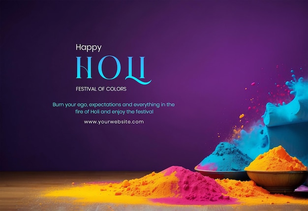 Holi festival concept colors with decorated clay pot on right side dark purple with wooden backgroun