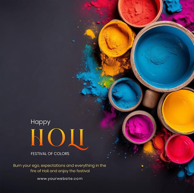 Holi festival concept colors with decorated clay pot on top view on right side on black background