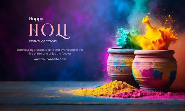 Holi festival concept holi multicolor powder explosions on decorated clay pot wooden background