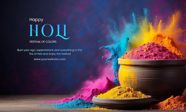 PSD holi festival concept holi multicolor powder explosions on decorated clay pot wooden background