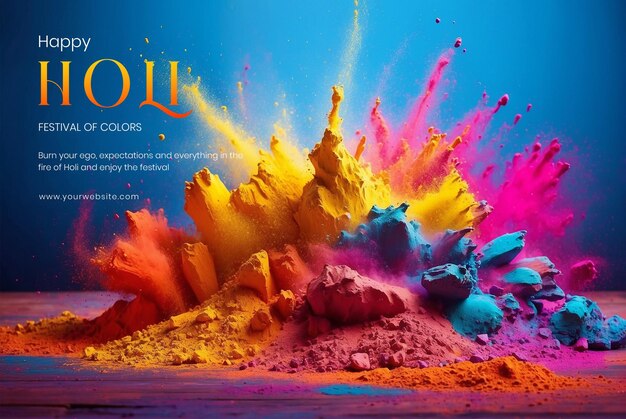 Holi festival concept holi powder explosion middle of the canvas on wooden background
