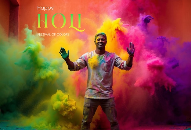 홀리 축제 컨셉 다채로운 색상 폭발 홀리 색을 가진 다채로운 남자의 뒤에