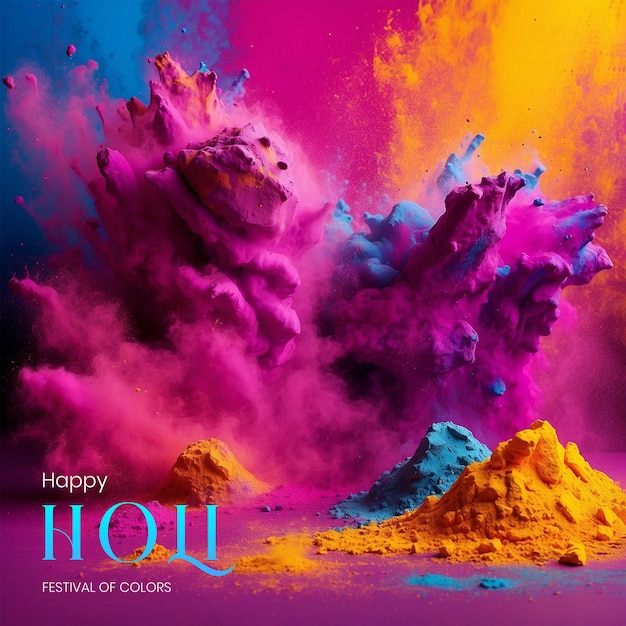 Holi festival concept multicolor powder explosions on dark purple background