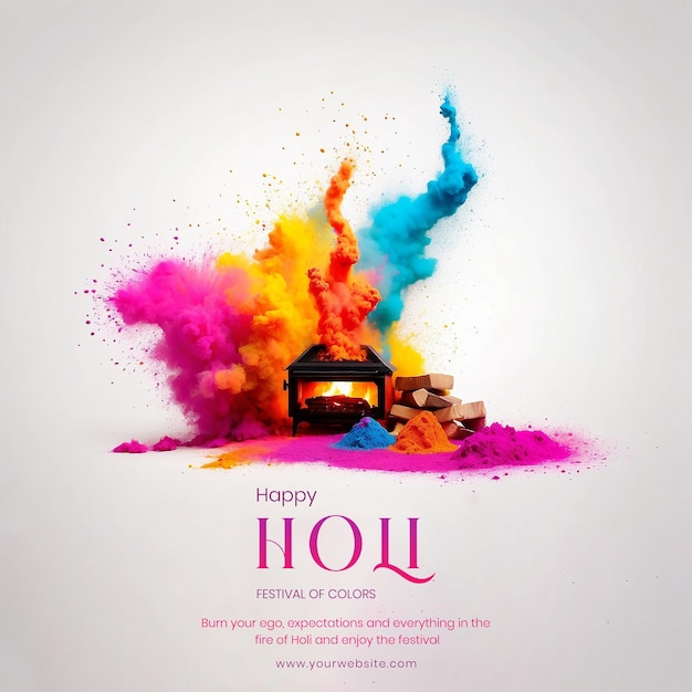 Holi festival concept multicolor powder explosions with with wood burning fireplace background