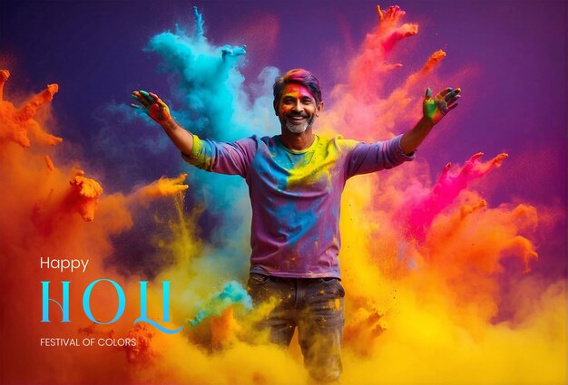 Holi festival concept multicolors explosion behind a colorful man with holi colors