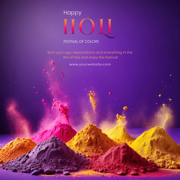 Holi festival concept veelkleurige poeder stapels aan de onderkant van het doek op paarse achtergrond
