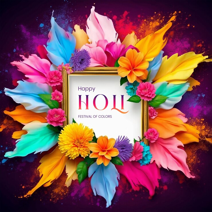 PSD holi festival concept white color big frame decorated with spring colorful flowers background