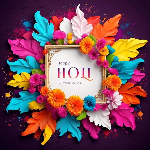PSD holi festival concept white color big frame decorated with spring colorful flowers background