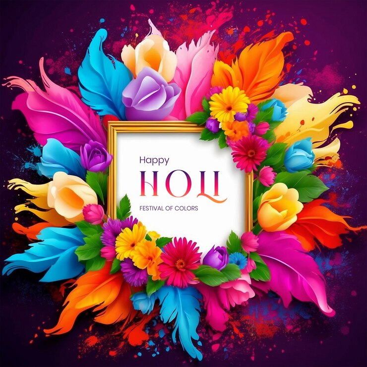 PSD holi festival concept white color big frame decorated with spring colorful flowers background
