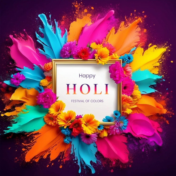 PSD holi festival concept white color big frame decorated with spring colorful flowers background