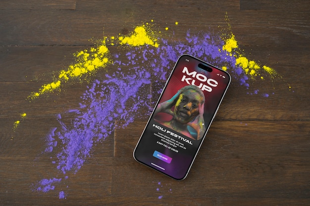 PSD mockup del dispositivo per la festa di holi