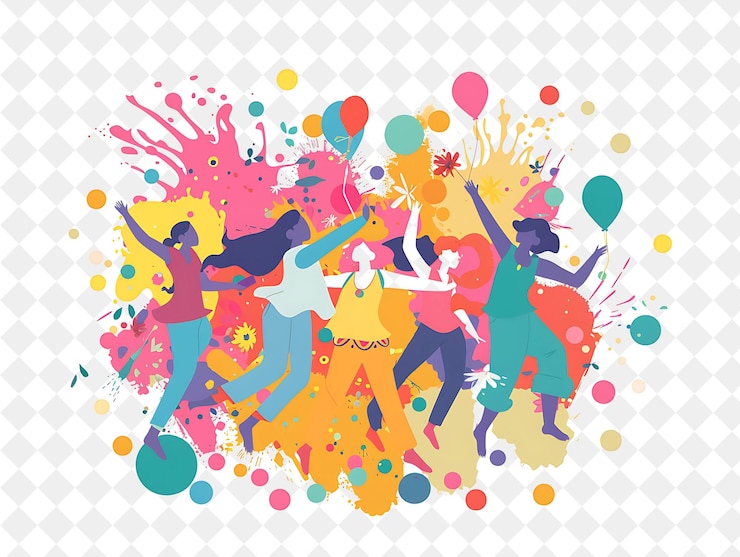 PSD holi festival with characters playing with vibrant colors de png festival 2d flat art illustrations