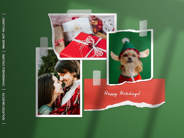 Holiday christmas mockup of wall moodboard ripped torn paper photo frame card collage set isolated