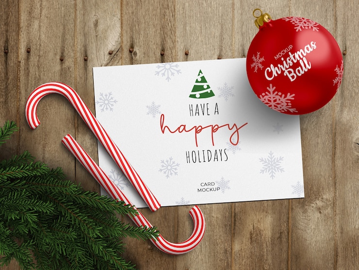 PSD holiday greeting card and christmas ball mockup