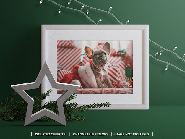 Holiday photo card frame mockup with christmas branch and lights decoration