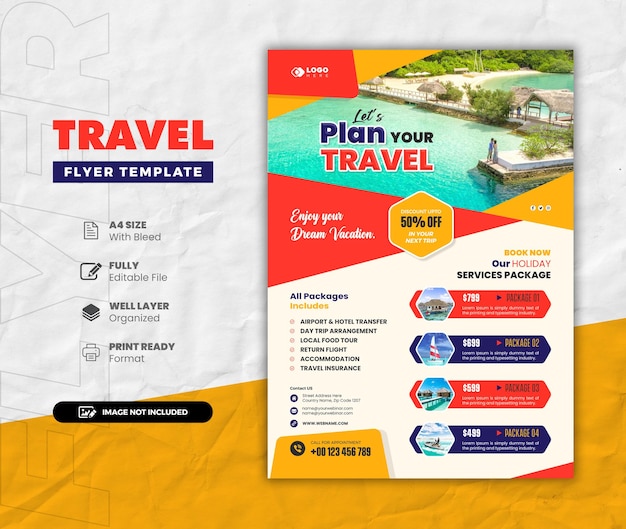 Holiday plan let's travel tour flyer design with abstract element shape a4 print template