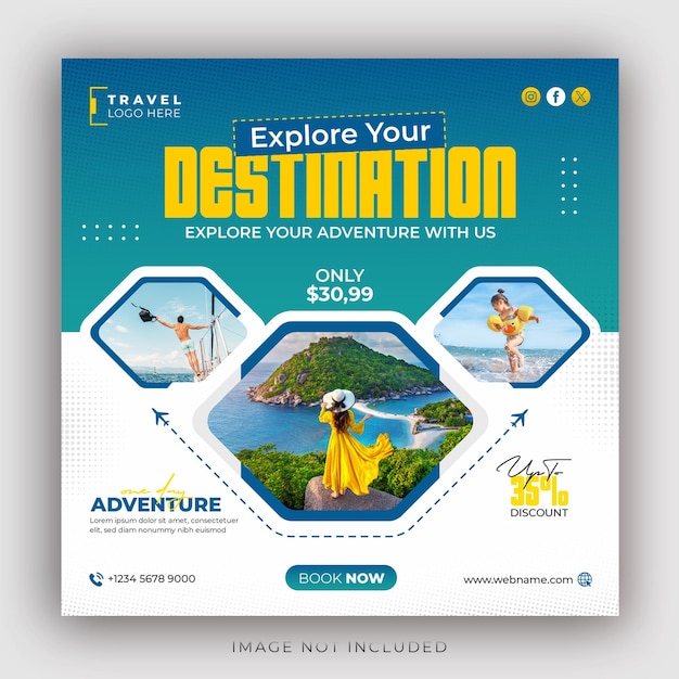 holiday travel tour package social media instagram post adventure square flyer web banner template