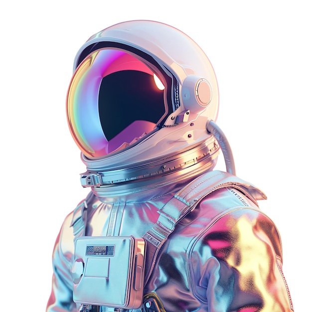 Holograficzny chromowany astronauta z odblaskowym garniturem i hełmem z izolowaną sztuczną inteligencją generatywną