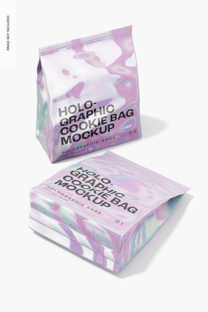 PSD holografische cookie bags mockup, staand en laten vallen