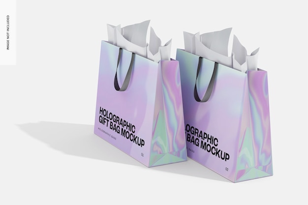 PSD holografische geschenkzakken met papieren mockup, rechteraanzicht