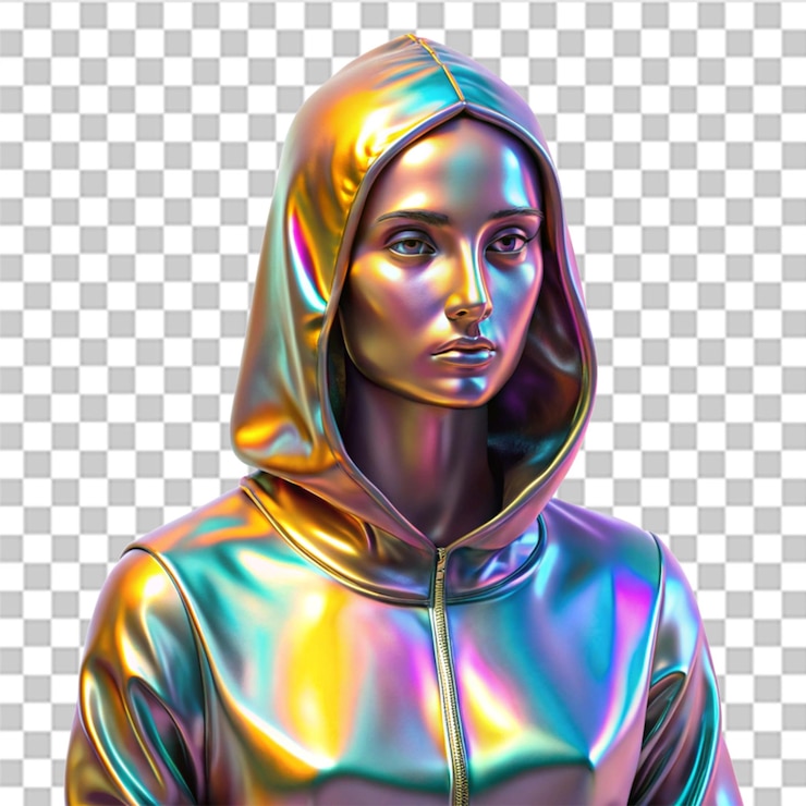 PSD holografische metalen sculptuur van een vrouw met een hoodie geïsoleerd op een doorzichtige achtergrond
