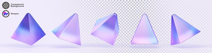 PSD hologram piramidy geometryczny w różnych kątach zestaw ikon renderowania 3d abstrakcyjna półprzezroczysta trójkątna postać ze szkła lub plastiku z kolorystycznym neonowym hologramem elementem projektowania gradientu