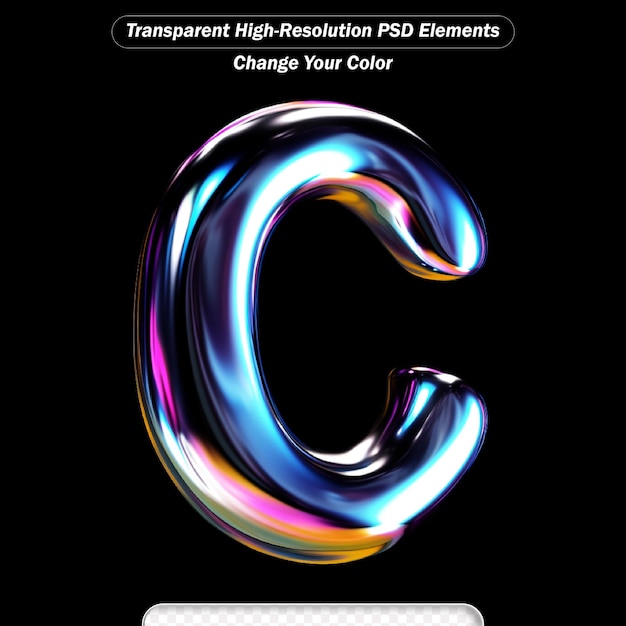 Holographic 3d letter c in y2k retro futuristic style