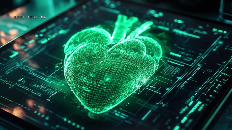 PSD 人間の心臓のホログラフィック3dモデルがデジタルスクリーンに表示される