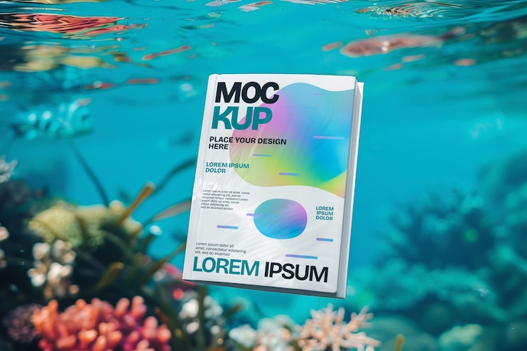 PSD holographic book cover mock-up design with water
