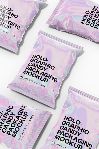 PSD holographic candy packaging mockup, mosaic