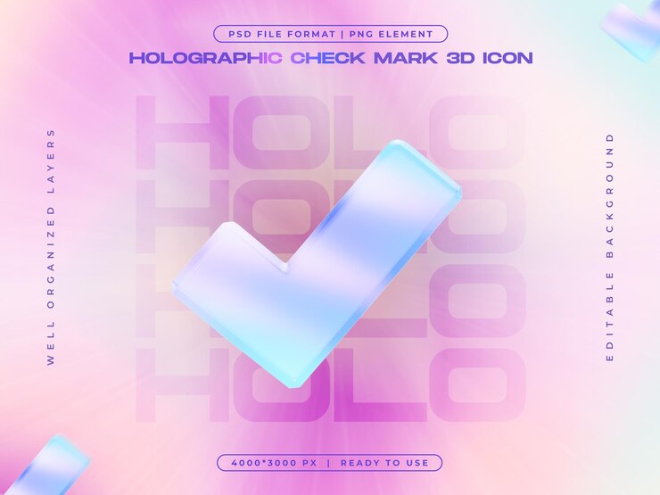 PSD holographic check mark icon isolated 3d render illustration