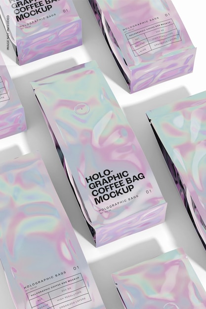 PSD holographic coffee bags mockup, mosaic