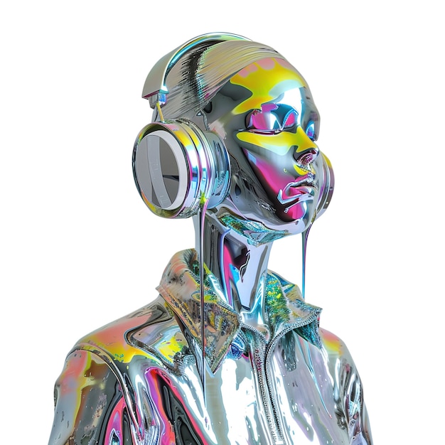 Holographic female mannequin with headphones on a transparent background generative ai