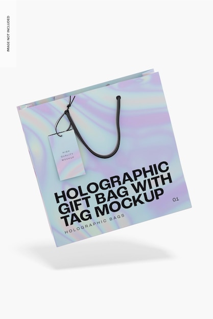 Holographic gift bag with tag mockup, floating