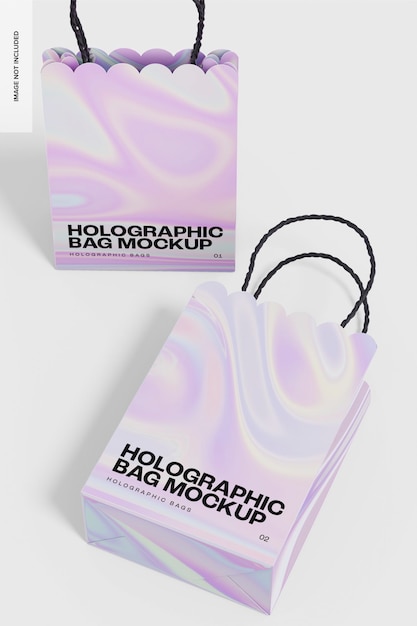 PSD holographic gift bags with handles mockup, standing and dropped
