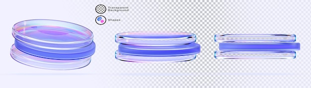 Holographic iridescent glass cylinder stand podiums 3d render icon set Empty crystal circle pedestal platform stage mockup for product display or presentation isolated on background